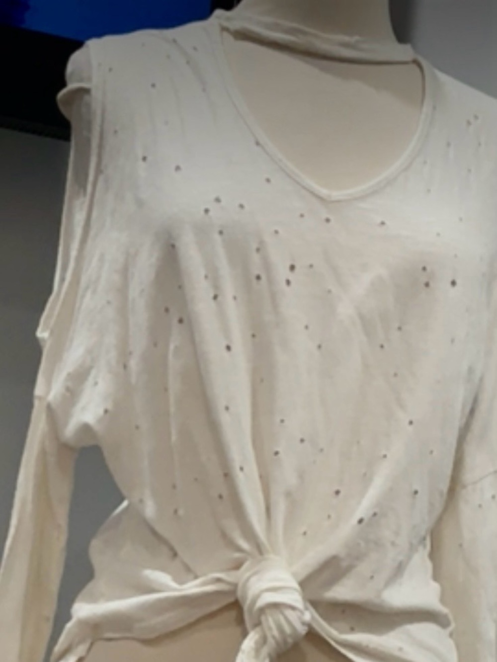 Poof! Distressed Ecru/Off White Choker Cold-Shoulder Tie-Front Top